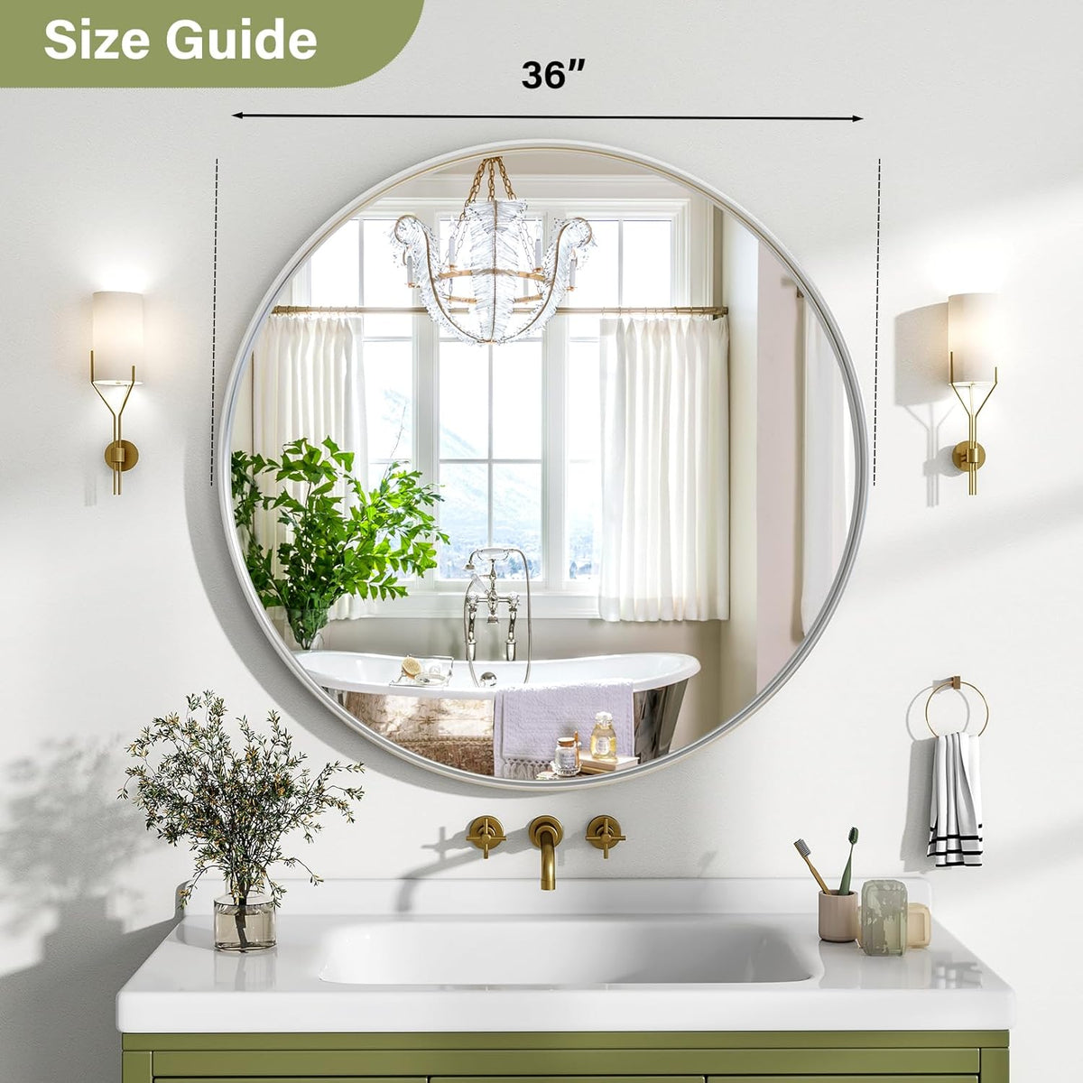 36 Inch Round Bathroom Mirror - Wall Mounted Circle Mirror with Metal Frame, Modern Mirror Suitable for Bathroom, Vanity, Entryway, Living Room, Wall Decor,Silver