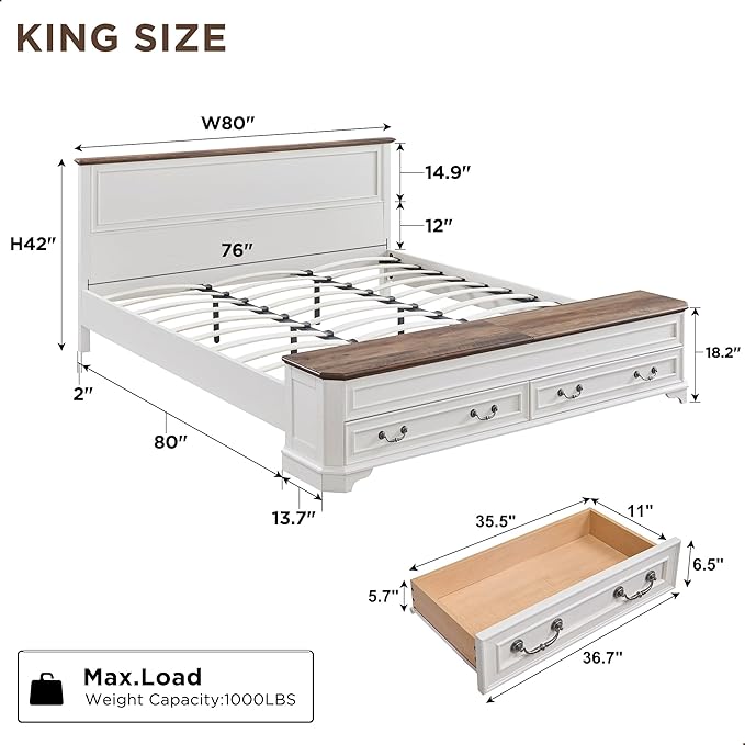 T4TREAM Farmhouse King Bed with Headboard and Storage Bench, Rustic Wood Platform Bed with 80" Storage Chest w/ 4 Large Drawer (Antique White)