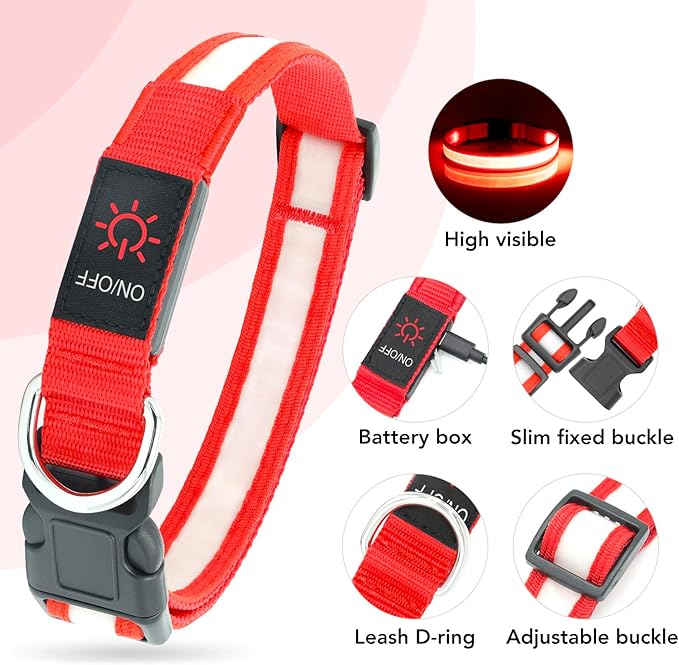 Vizpet LED Dog Collar, Light Up Dog Collar Adjustable USB Rechargeable Super Bright Safety Light Glowing Collars for Dogs(Large,Red)