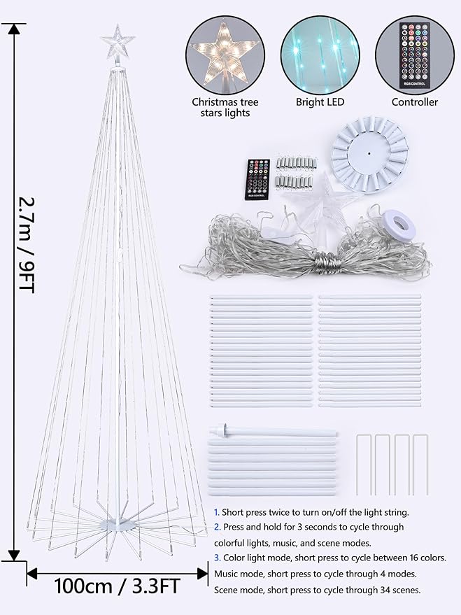 Flacchi Smart Christmas Outdoor Tree Lights - Star Tree Topper with Removable Bracket, App Control, Sync with Music, Waterfall Colored Lighted for Holiday Decorations (8.8FT/ Rope Lights)