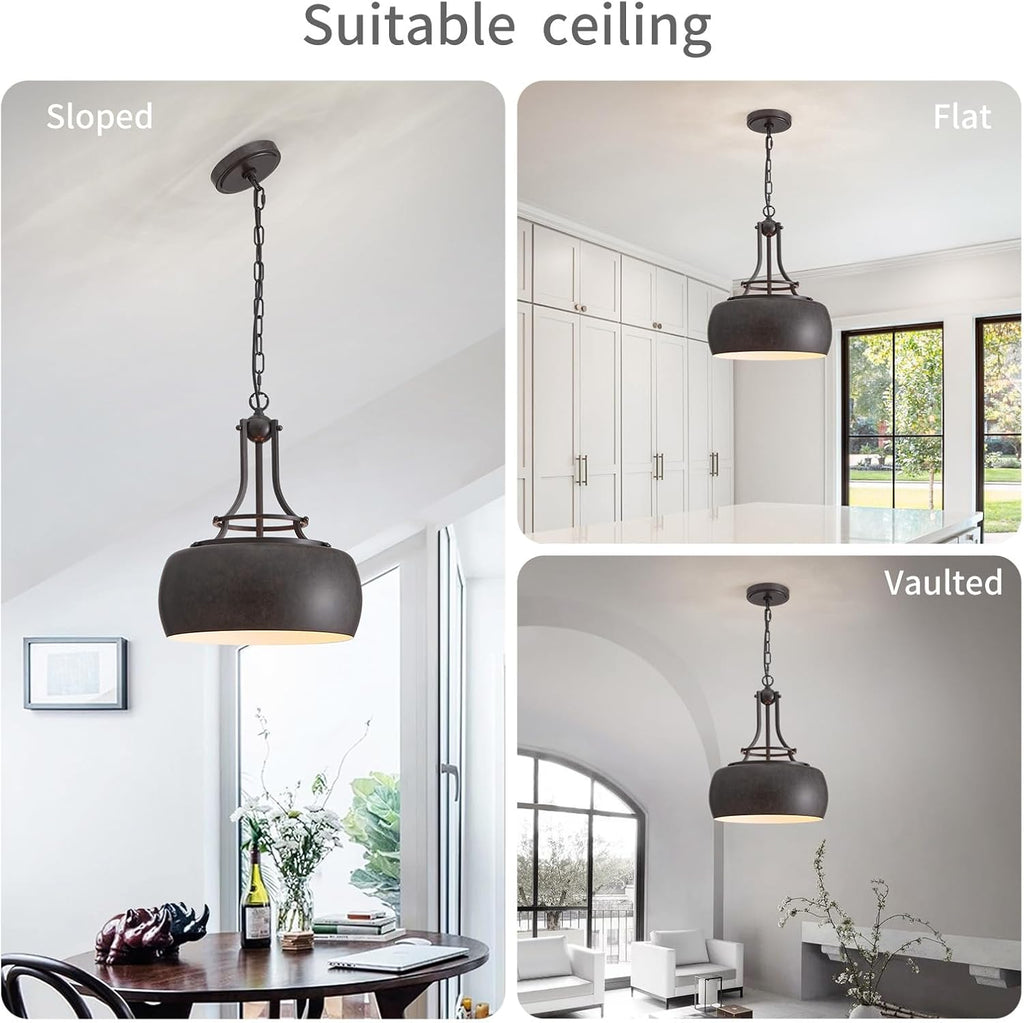 WUZUPS Chandelier Rustic Farmhouse Industrial Round Ceiling Pendant LED Light Fixture with Open Bottom Drum Shade, H 15.7" x W 13.4", Distressed Rust