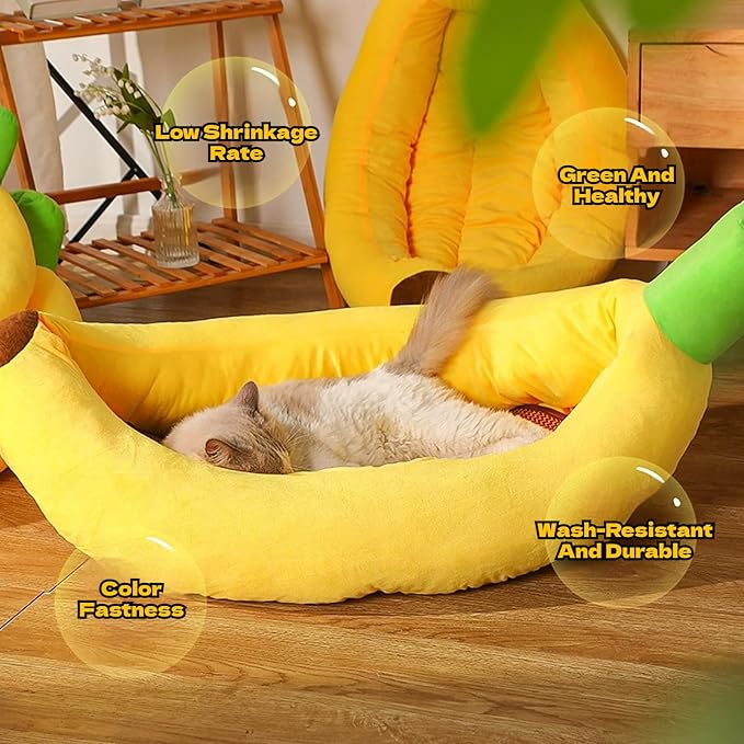 Banana Pet Bed for Small Dogs and Cats, Cozy Enclosed Calming Cave Bed with Removable Plush Cushion for Indoor Kittens Puppies Small Pets (Banana Bed + Mat + Bone Toy, X-Large)
