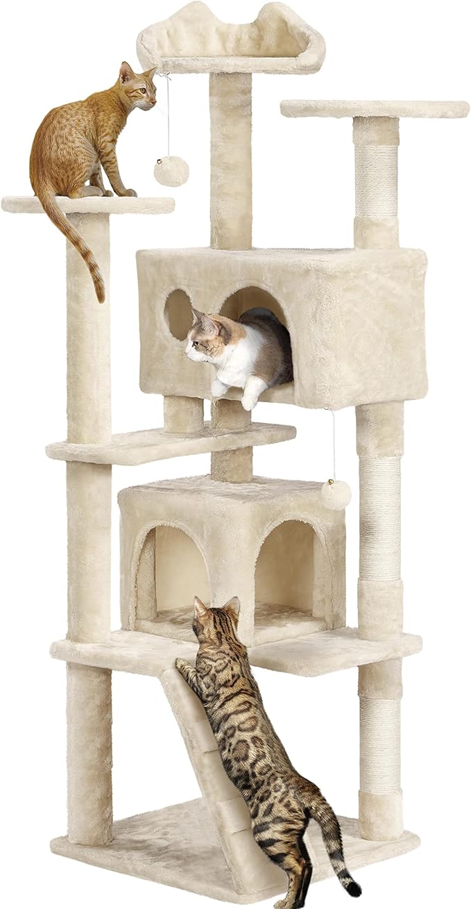 Yaheetech 62in Cat Tree Cat Tower for Indoor Cats, Cat Furniture w/Double Condo, Scratching Posts, Multiple Platforms and Balls for Kittens & Cats, Beige