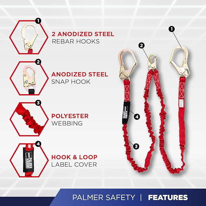 Fall Protection Hammerhead Kit I 5pt Safety Harness, 6' Double Leg Lanyard, 18" D-Ring Extender (Red - XLG)
