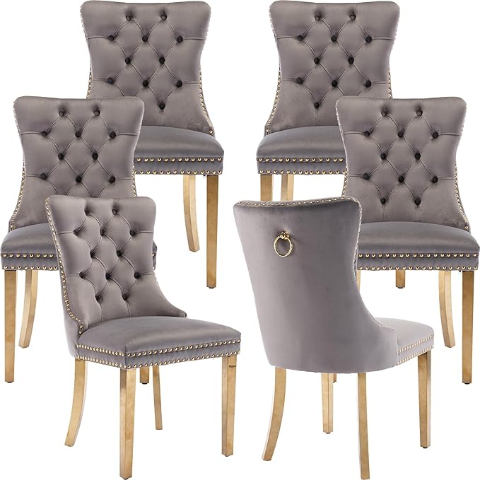 Luxury Upholstered Dining Chairs Set of 6, Grey Kitchen Chair with Golden Metal Legs, Velvet Tufted Back Dining Chair, Sillas de Comedor, Modern Kitchen & Dining Room Chairs (Gray, 6 Pcs)