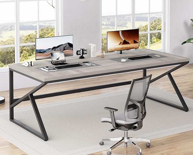 HSH 78 Inch Long Home Office Desk, Extra Large Grey Computer Desk for 2 Person, Industrial Wooden and Metal Executive Work Writing Study Gaming Desk Table, Modern Bedroom PC Laptop Desk Double Desk