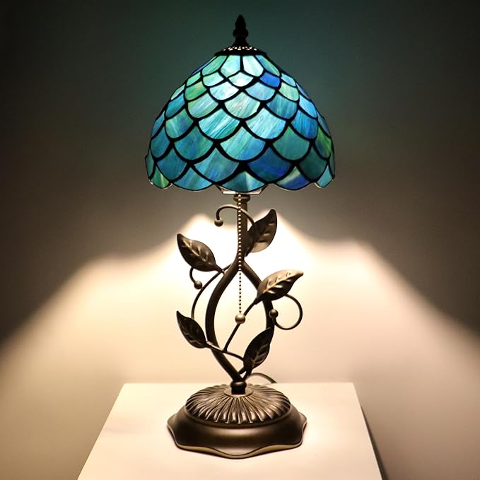 Small Tiffany Lamp Sea Blue Fish Scale Style Stained Glass Table Lamps Desk Bedside Reading Light 8X8X18 Inches with Bronze Metal Leaf Resin Base