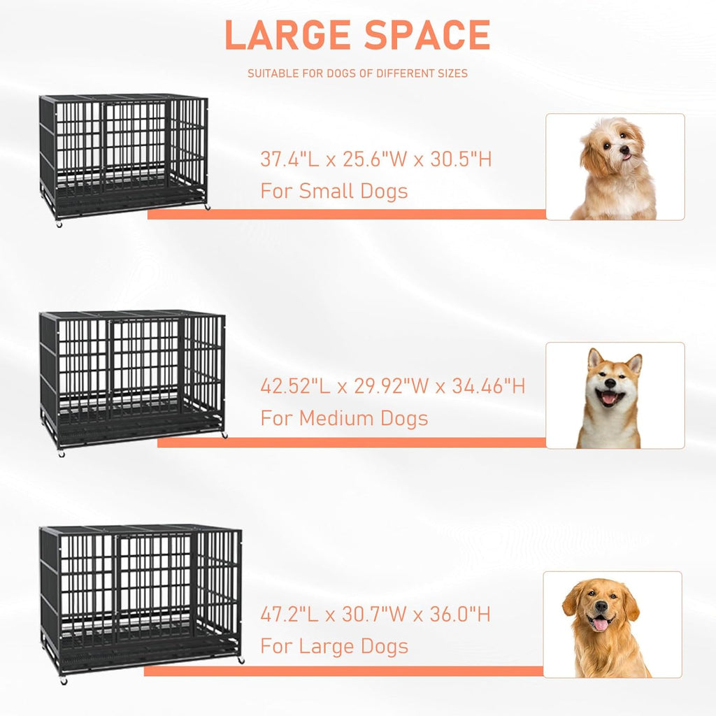 LEMBERI 48/38 inch Heavy Duty Indestructible Dog Crate, Escape Proof Dog Cage Kennel with Lockable Wheels,High Anxiety Double Door Dog Crate,Extra Large Crate Indoor for Large Dog with Removable Tray