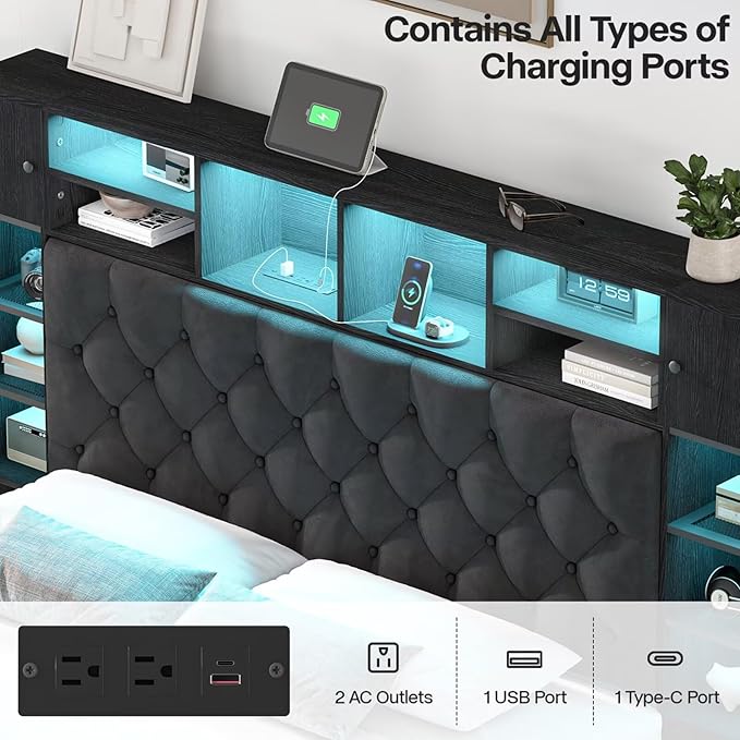 Queen Bed Frame with Bookcase Headboard and Storage Drawers, 51.2" Metal Platform Queen Size Bed Frame with Charging Station and LED Lights, Velvet Upholstered Tufted Bed Frames, Black
