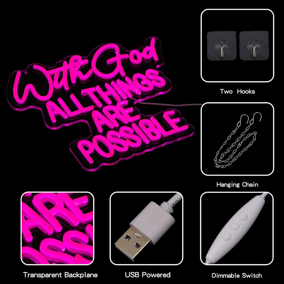 "With God All Things Are Possible" Neon Sign God Neon Light for Wall Decor Letter LED Neon Sign Pink LED Neon Light Dimmable Neon Signs for Bedroom Wedding Church Decoration