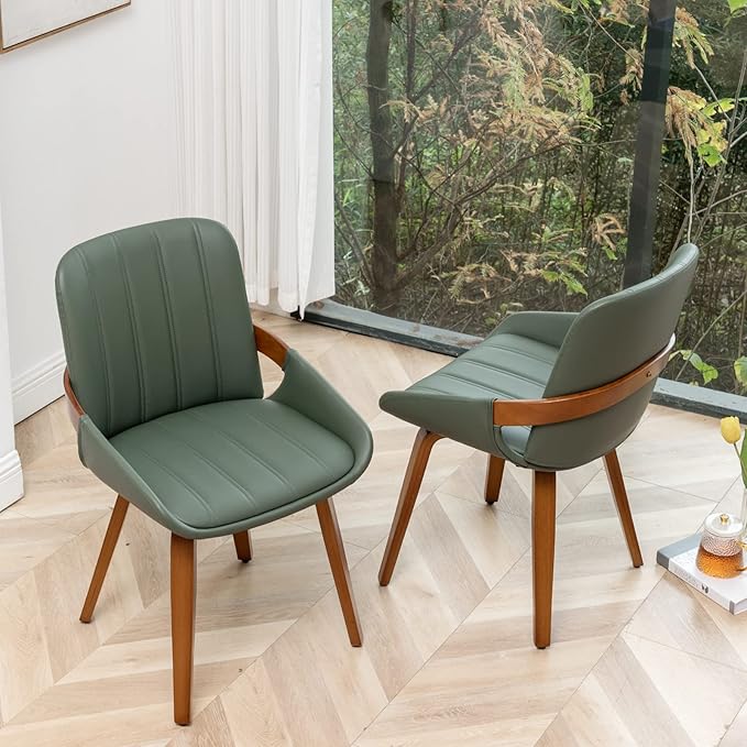 Mid Century Modern Faux Leather Upholstered Dining Chairs,Armless Accent Chairs with Sturdy Natural Wood Legs,Bamboo Backrest Support for Kitchen&Dining Room Chairs(Set of 4,Green)