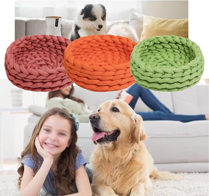 Woven Dog Bed Basket, Knitted Cotton Cat Bed Round Washable Woven Cat Pet Bed Chunky Dog Basket, Orthopedic, Chunky Knit Dog Nest,Dog Bed,Dog Cave,Dog Bedding(Pink,17")