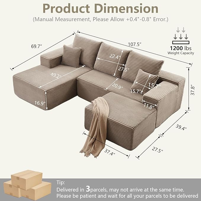 107" L-Shape Sofa with Ottoman, Modern Modular Sectional Comfy U-Shape Cloud Couch, Deep Seat, Upholstered Corduroy Sleeper Chaise Longue for Living Room Bedroom, No Assembly Required, Camel