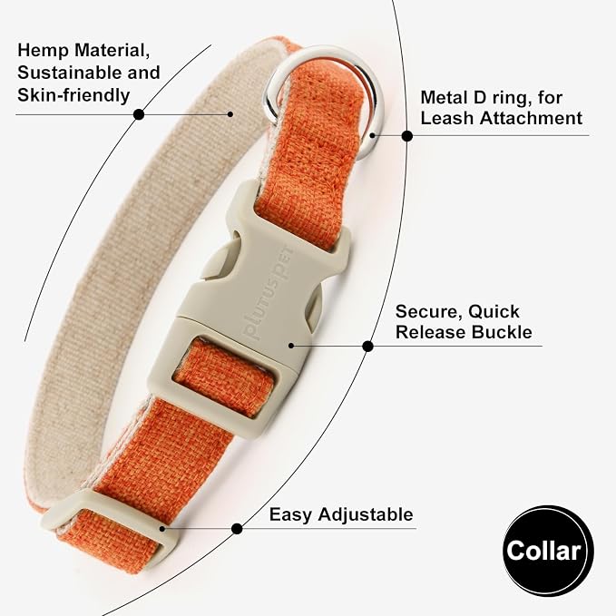 Plutus Pet Cotton Hemp Dog Collar and Leash Set, Adjustable Collar for Small, Medium, and Large Dogs, Heavy Duty and Soft on Skin, Orange, XL