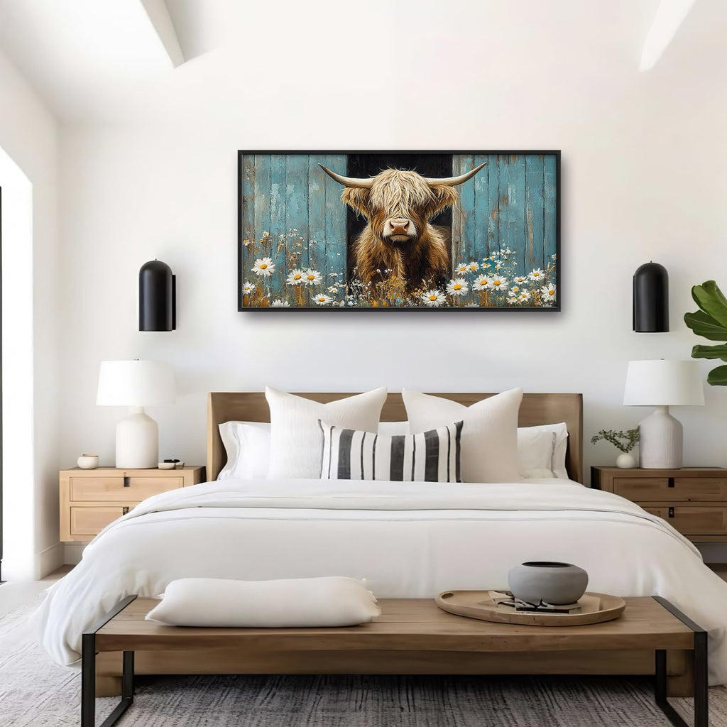 Large Farmhouse Highland Cow Country Wall Art for Living Room, Floral Canvas Oversized Wall Decor, Daisy Flower Animal Framed Pictures Painting Print Artwork for Bedroom Office 60"L x 30"W