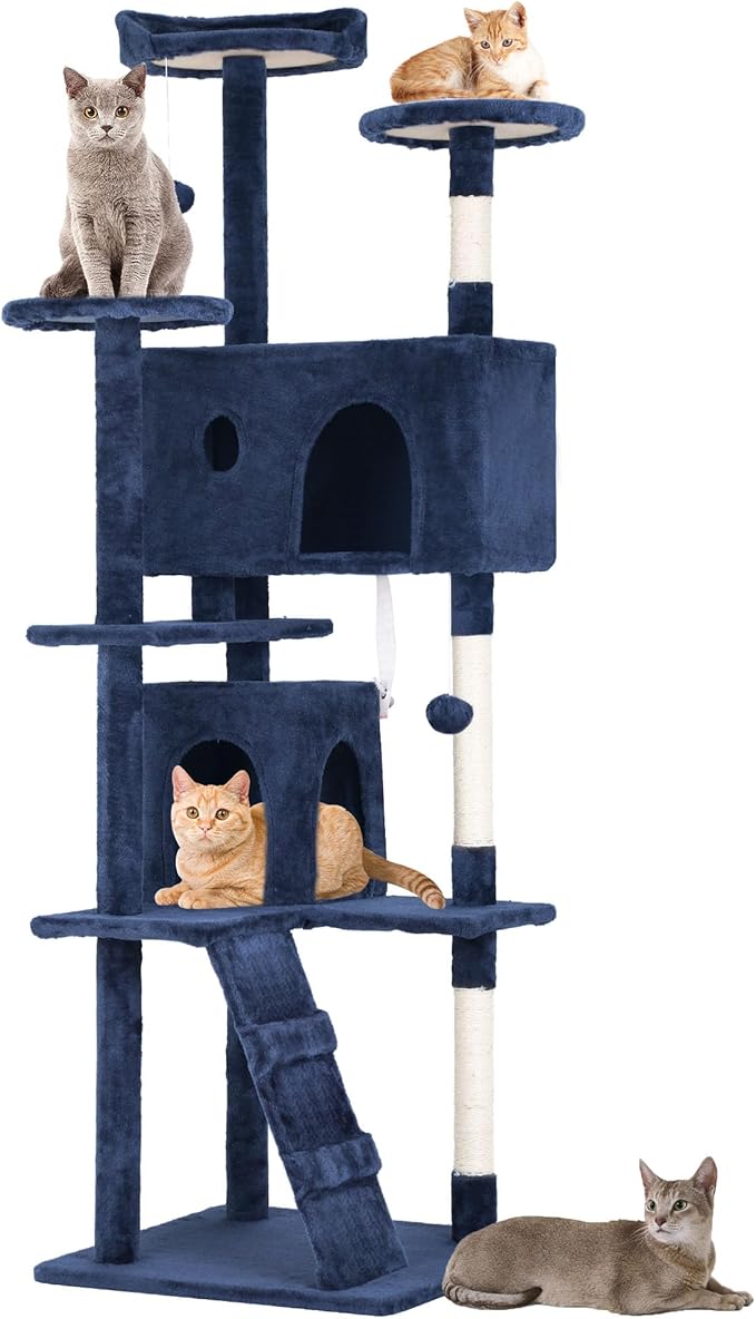 BestPet | 70" Cat Tree Tower | Navy Blue | Sturdy, Easy to Assemble, Multi-Level Activity Center with Sisal Scratching Posts, Condos, Perches, Hanging Cat Toys, Observation Decks & Ladder