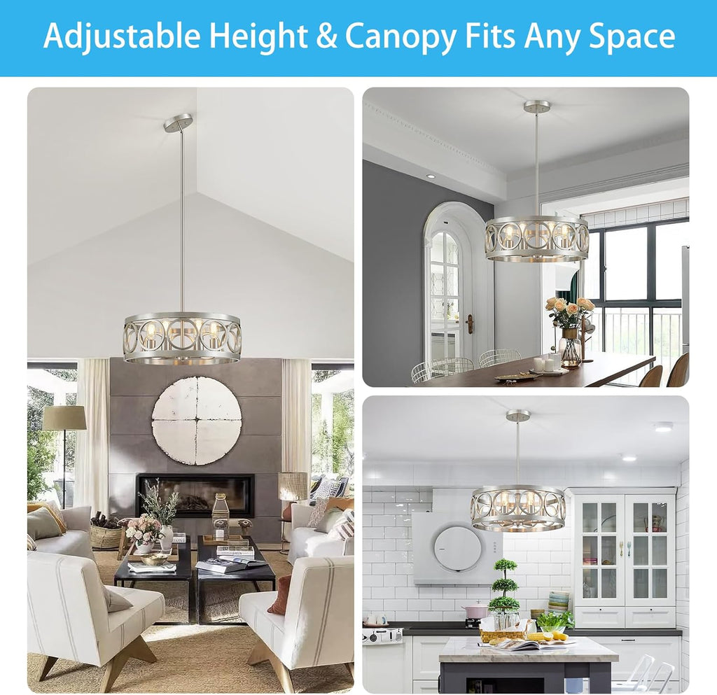 XINGQI 6-Light Modern Farmhouse Chandelier Brushed Nickel, 21.7'' Drum Ceiling Light Fixture for Living Dining Room Over Table with Round Metal Shade Pendant Lighting