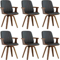 Swivel Dining Chairs, Set of 6 Kitchen Swivel Chairs with Walnut Craftsmanship, Upholstered Faux Leather, Wooden Arms and Legs, Walnut Dining Chairs for Kitchen/Living Room - Black