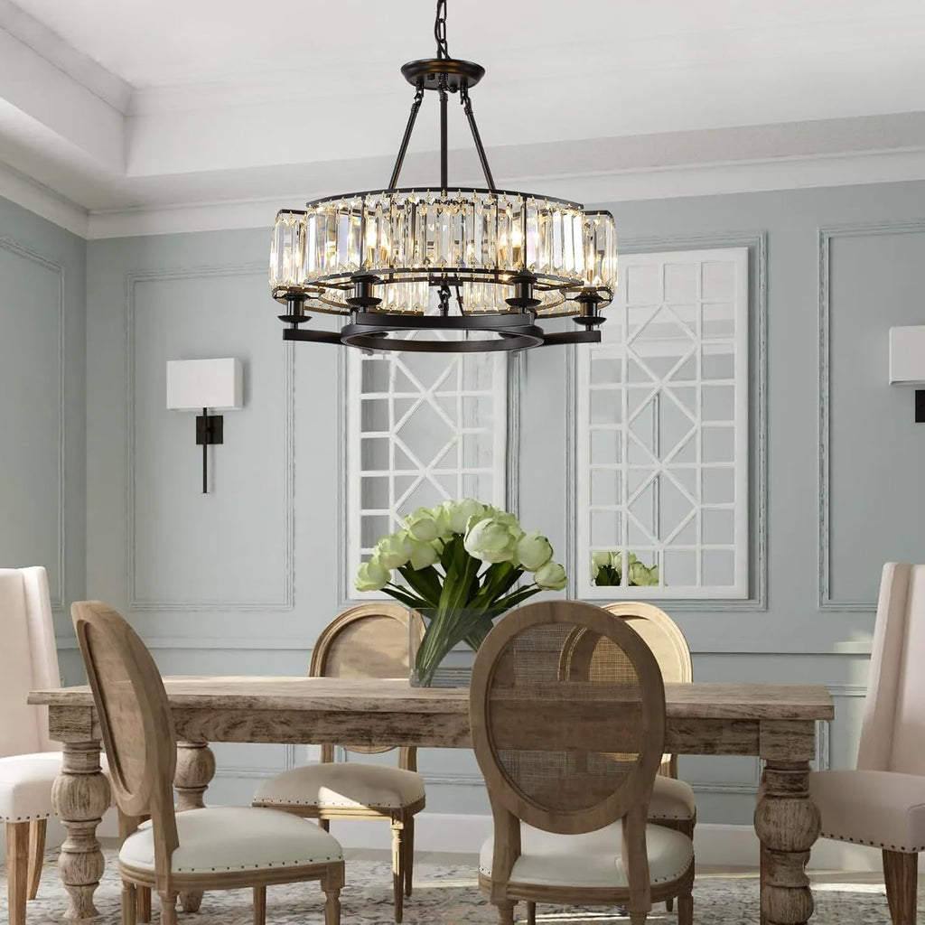 Vintage Crystal Chandelier Black 6 Lights Hanging Ceiling Light Fixture Iron Frame Pendant Lighting for Farmhouse Decoration Dining Table Living Room