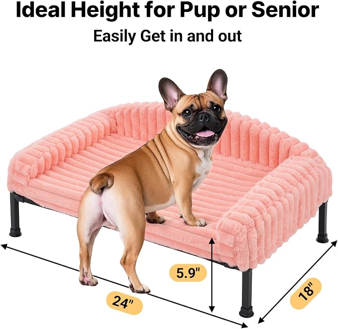 Veehoo Elevated Dog Bed with Bolster Cushion, Fluffy Plush Dog Couch Beds for Small Dogs, Cats, Washable Raised Pet Cot with Non-Slip Feet for Indoor or Patios Use, 24 x 18 Inches, Pink