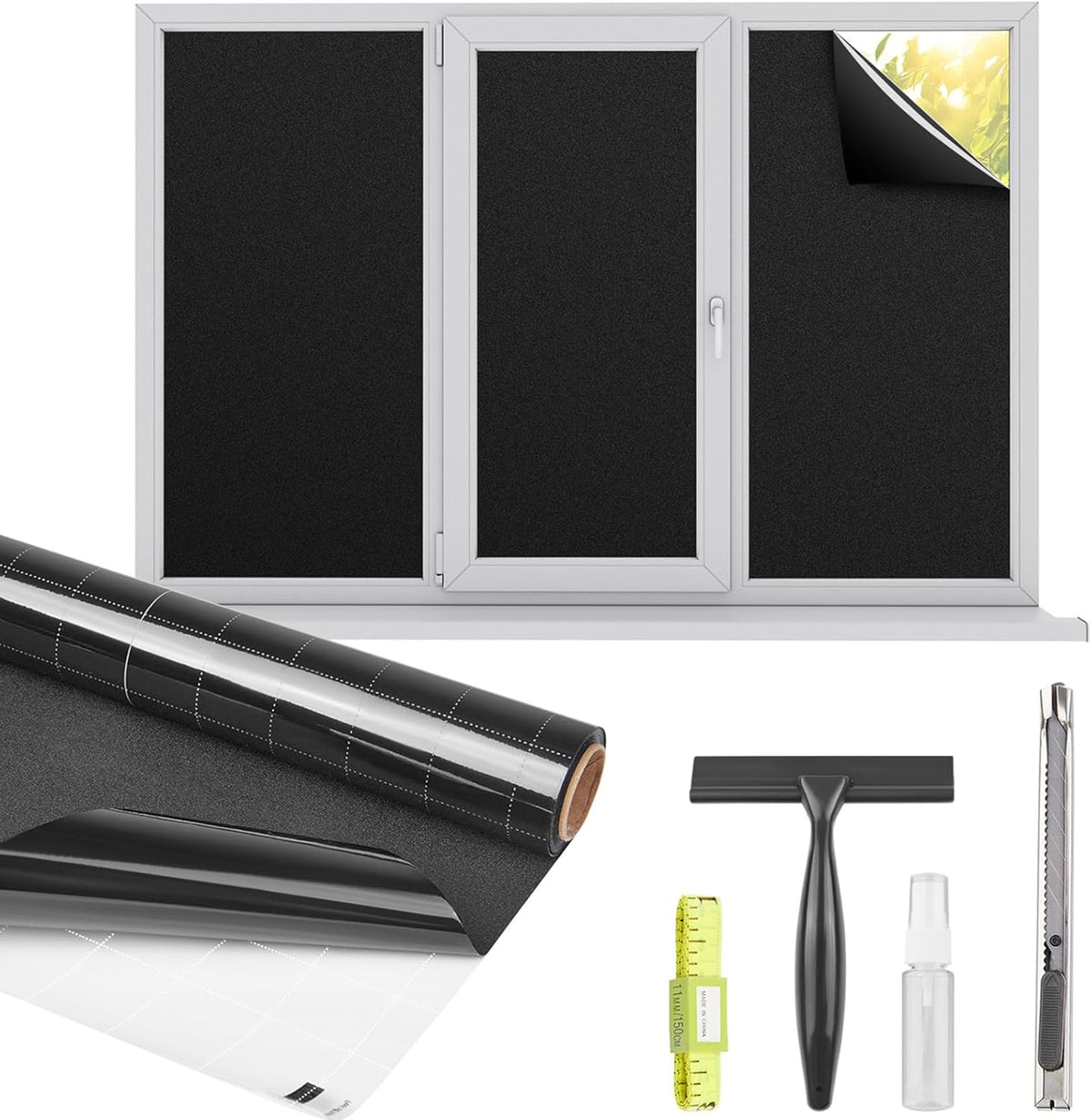 Kromapolis Blackout Window Privacy Film Total Light Blocking Room Darkening Window Covering, Removable Static Cling Frosted Glass Tint, Non-Adhesive, Black 17.5'' x 157.4''