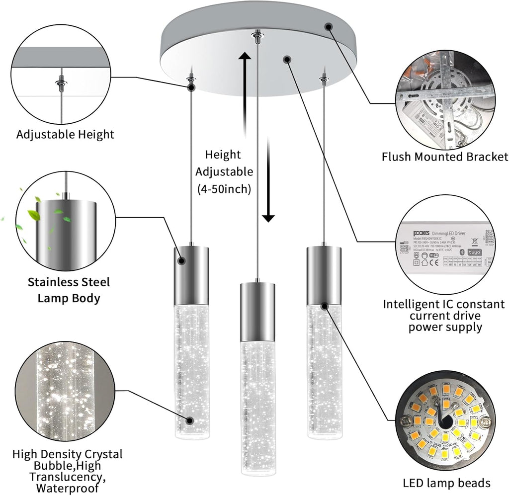 OKELI Smart Dimmable LED 3-Light Pendant Light for Kitchen Island, 18W 1350LM Modern Bubble Crystal Island Light Fixture with TUYA App & Voice Control, Adjustable 3000K-6000K, Electro-Chrome, Round