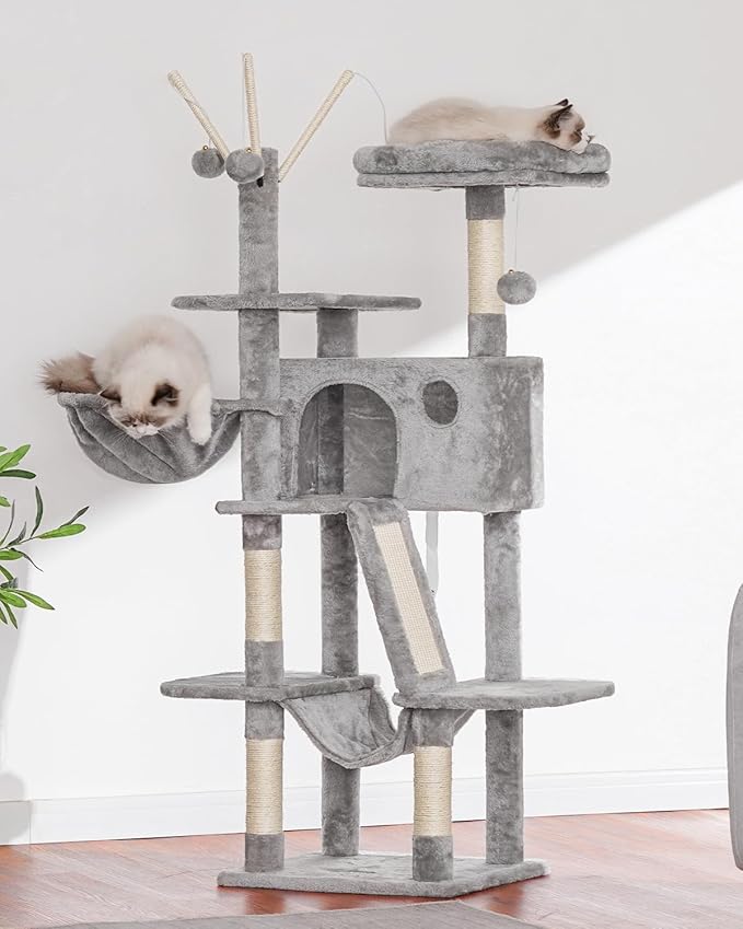Hey-brother Cat Tree, 53 inch Cat Tower for Indoor Cats, Cat House with Padded Platform Bed, Toy Balls, Large Cozy Condo, Hammocks and Sisal Scratching Posts, Light Gray MPJ019-SW