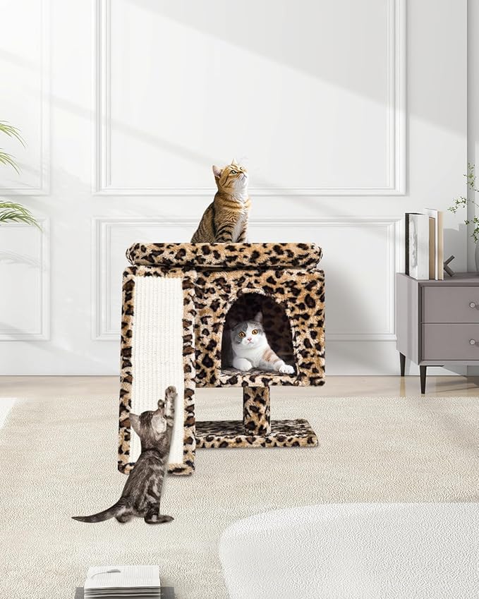 SYANDLVY Small Leopard Print Cat Tree with Perch for Indoor Cats, Cat Tower with Scratching Post, Modern Activity House for Large Cats, Condo with Board, Kittens Cave