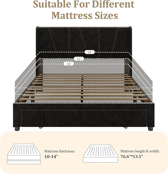 Full Bed Frame with Storage Drawers, Upholstered Full Size Platform Bed with 47" Tall Headboard and Wingboard, No Box Spring Needed, Noise Free, Easy Assembly, Wooden Support Slats, Black