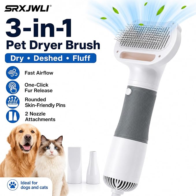 3 in 1 Pet Hair Dryers And Comb Brush High Velocity Blower for Dog Grooming | Portable Quiet Handheld Slicker with Steam Deshedding Intelligent Airflow System for Cats, Puppies and Professional(Pink)