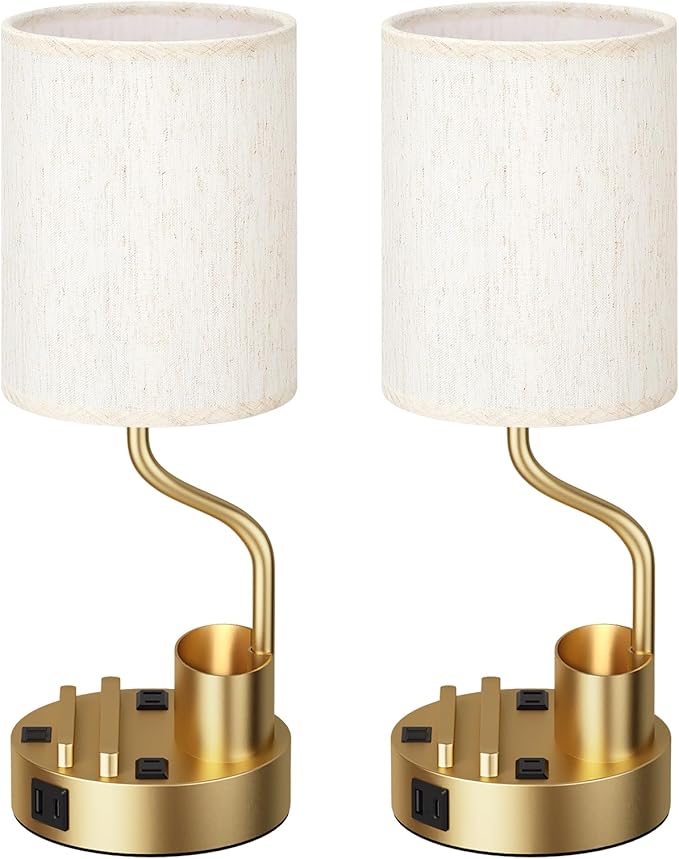 Gold Bedside Table Lamps for Bedroom Set of 2 - Nightstand Light with AC Outlet and USB A & C for Charging, 3 Color Temperatures Desk Lamp with Pen Holder & Phone Stand for Living Room/Dorm/Office