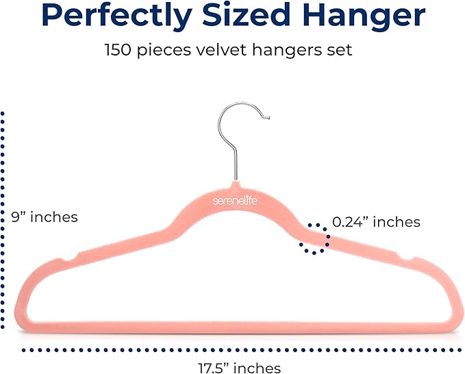 SereneLife 150-Pack Velvet Hangers – Ultra-Thin Space Saving Pink Clothes Hangers with 360° Swivel Hooks, Non-Slip Heavy Duty Design for Coats, Dresses, Shirts & More – Lightweight & Durable