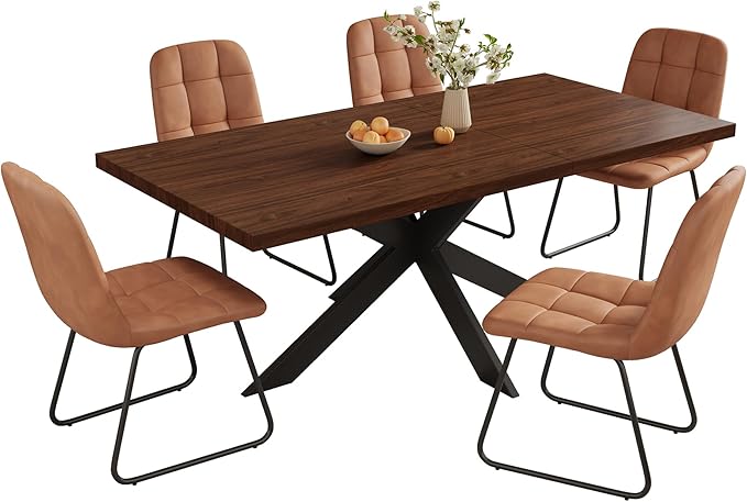 ZckyCine Expandable Dining Table Set for 6-8 People, Modern Rectangular Kitchen Table, 63"-79" Extendable, Walnut Finish, Metal Frame, 6 PU Leather Cushioned Chairs, Easy Assembly