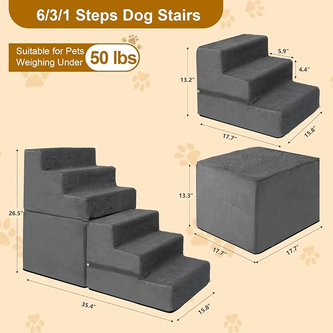 Dog Stairs for Small Dogs, 6-Step Dog Steps for High Bed, High-Density Foam Pet Stairs with Non-Slip Removable Washable Cover to Get on Bed