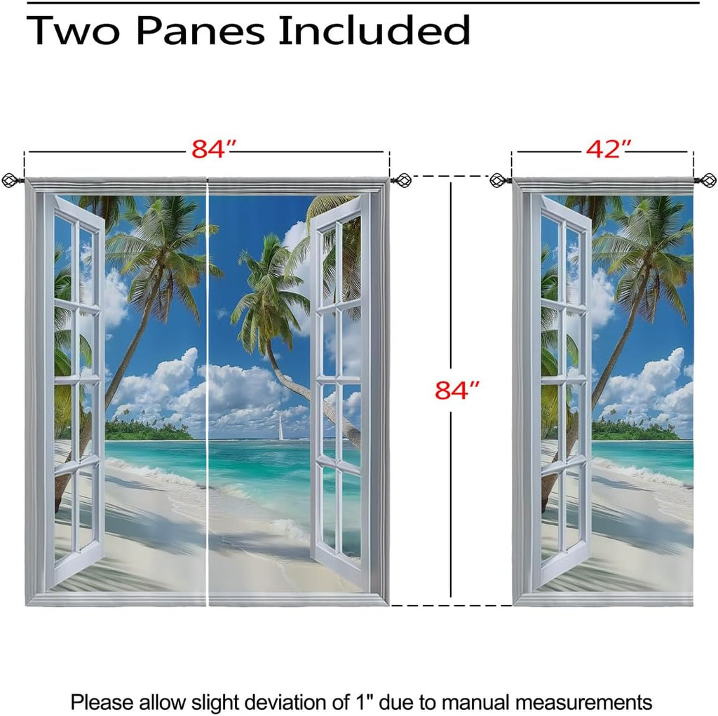 Beach Blackout Curtains for Girls Boys Teens Home Decor, Tropical Summer Scene Ocean Island Palm Tree Grommet Thermal Insulated Drapes Darkening Window Curtain for Bedroom Living Room, 84 x 84 Inch