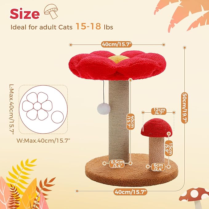 PETEPELA Cat Scratching Post, Mushroom Cat Scratcher Cute Cat Tree Tower with Thick Scratching Post & Removable Flower Cats Bed [Dia=15.7''], Tall Post for Kittens and Indoor Small, Brown