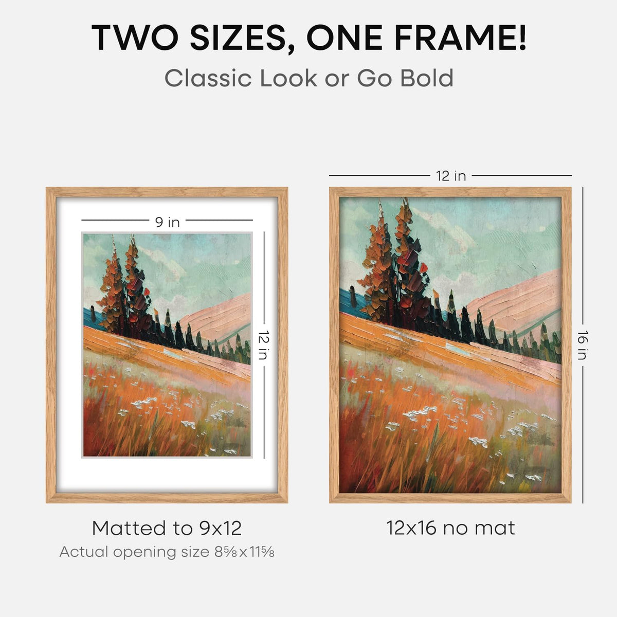 Homeforia 12x16 Wood Frame, High End Natural Oak 12x16 Light Wooden Picture Frame with Mat 9x12, 12 x 16 Poster Frames Matted to 9 by 12 Photo, 16x12 Hanging Frames, Tempered Glass, Wall Kit, Set of 1