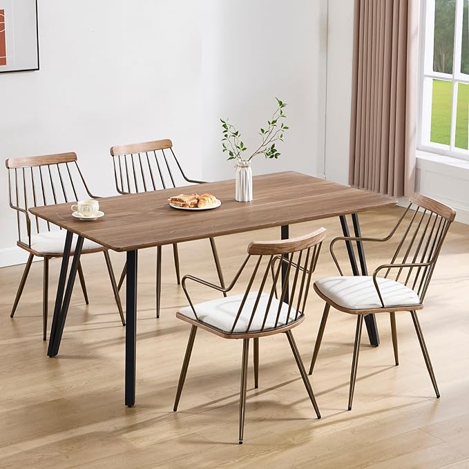 Modern Dining Chairs Set of 4, Upholstered Dining Chairs with Metal Leg, Wood Kitchen Chairs with Fence-Like Back and Curved Arm for Dining Room Kitchen Restaurant Reception (Beige)