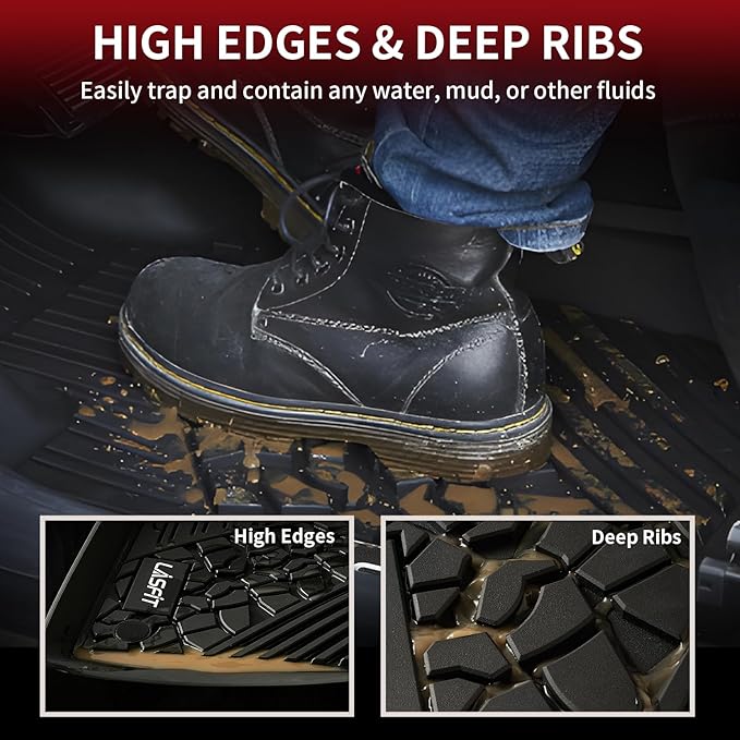 LASFIT Floor Mats for Jeep Gladiator JT 2020-2025 2026 All Weather TPE Custom Fit Pickup Truck Mats Floor Liners 1st & 2nd Row, Black