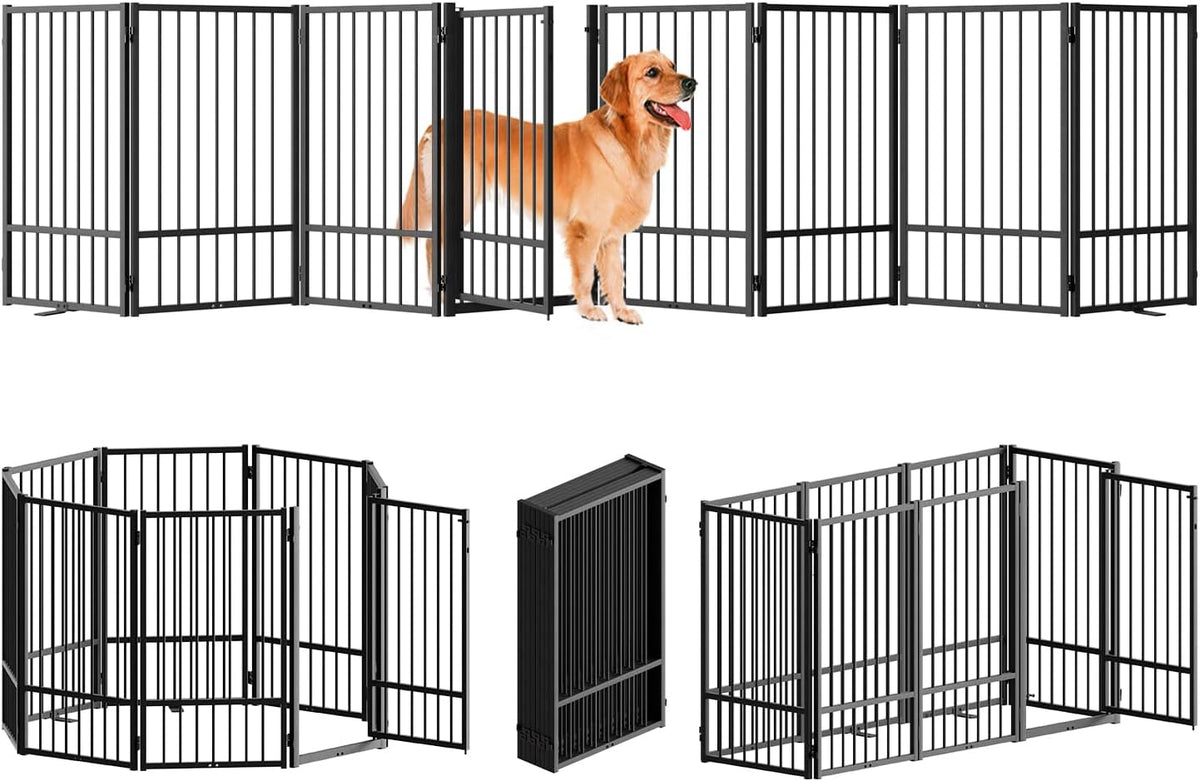 Full Metal Freestanding Dog Gate with Door, 36''Height Foldable Pet Dog Fence for Indoor & Outdoor, 8 Panels Extra Wide Free Standing TallDog Gates for Doorways,House,Stairs,Porch,Deck,Yard