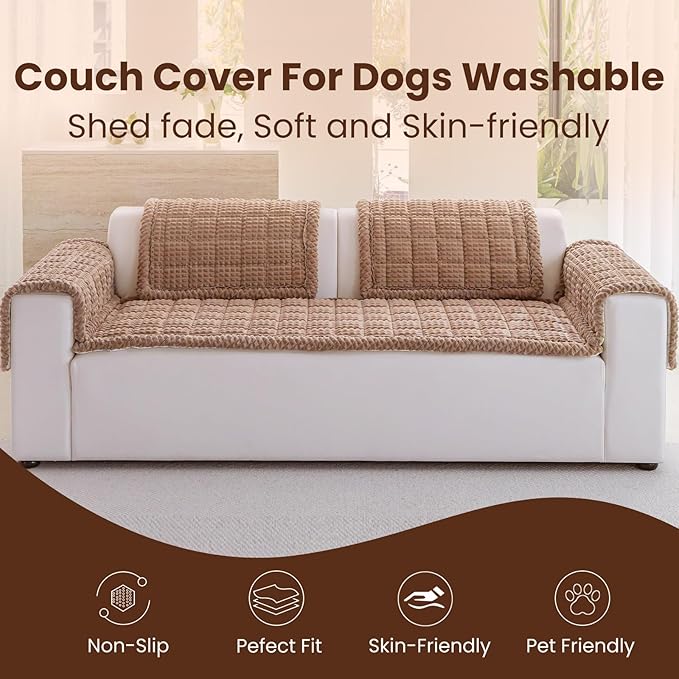 Couch Cover for Dogs Washable, Non Slip Couch Covers for 3 Cushion Sofa Pet Friendly, Fuzzy Pet Couch Cushion Covers for Dog, Thick, Soft for Sofa Protector (Coffee, 27.6" x 70.9"/70 x 180cm)
