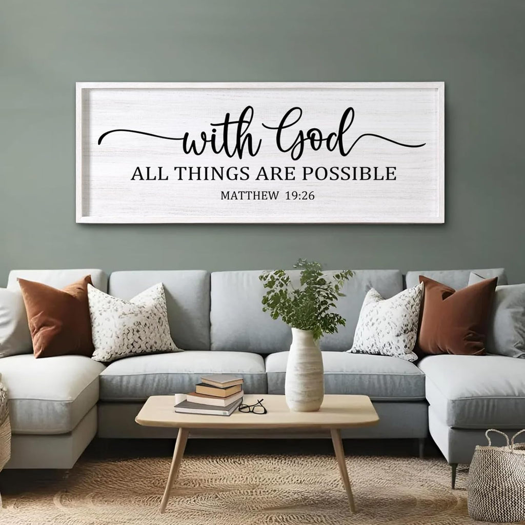 With God All Things are Possible Framed Wall Art, 40''×15'' White Holy Religious Rustic Bible Verse for Christian God Jesus Christ Prayer, Positive Horizontal Inspirational Catholic Scripture Decor