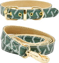 Leather Dog Collar and Leash Set, Check Pattern Dog Collar Leashes Metal Buckle Adjustable Durable for Small Medium Large Dogs (Green, L(14.5-18.5IN))