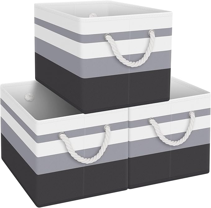 Fab totes Storage Bins [3-Pack], Foldable Storage Baskets for Organizing Toys, Books, Shelves, Closet, Large Storage Box with Rope Handles, Sturdy Organizer Bins,Gradient Grey