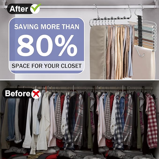 Upgrade 9 Layers Pants Hangers Space Saving, 2 Pack Non Slip Stainless Steel Multifunctional Pants Rack Closet Pant Hanger Organizer with Hooks for Pants Jeans Trousers Dorm Room Essentials, Black