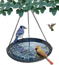 Blue Ceramic Bird Bath Bowl - Hanging Bird Baths for Outdoors - 12-Inch Glazed Ceramic Bowl with Embossed Bluebird & Flower Design - Metal Chain & Hook