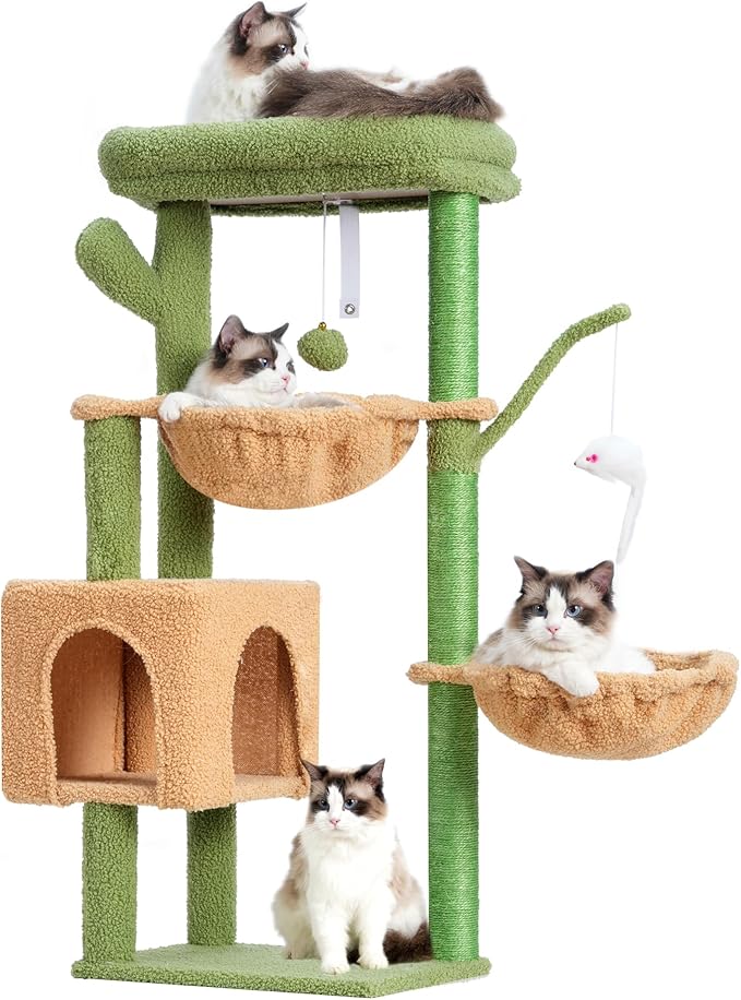 Heybly Cat Tree, 39.4 Inches Cactus Tower Condo with Scratching Post, Cat Tower for Indoor Cats, Fully Wrapped Sisal Pole, Soft Platform, 2 Baskets and Dangling Toy, Green and Yellow HCT006SGY