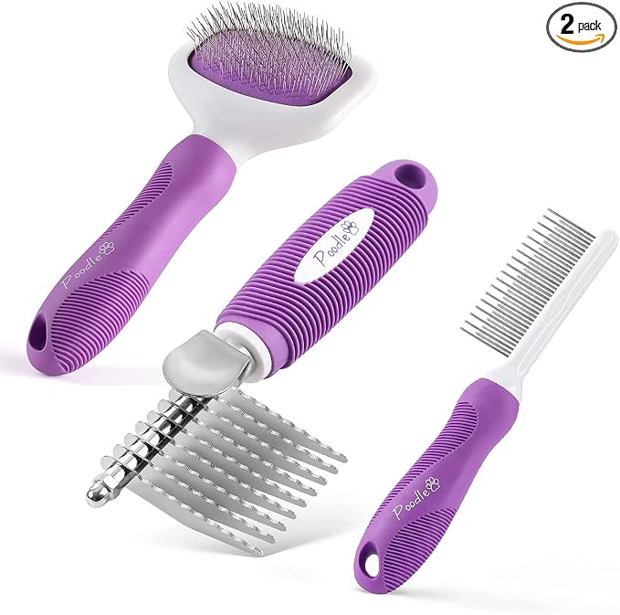 Poodle Pet Bundle - Detangling Pet Comb for Removing Matted Fur, Knots, and Tangles + Dematting Fur Rake Comb Brush for Dogs and Cats + Slicker Brush for Grooming and Deshedding Pet Undercoat Hair