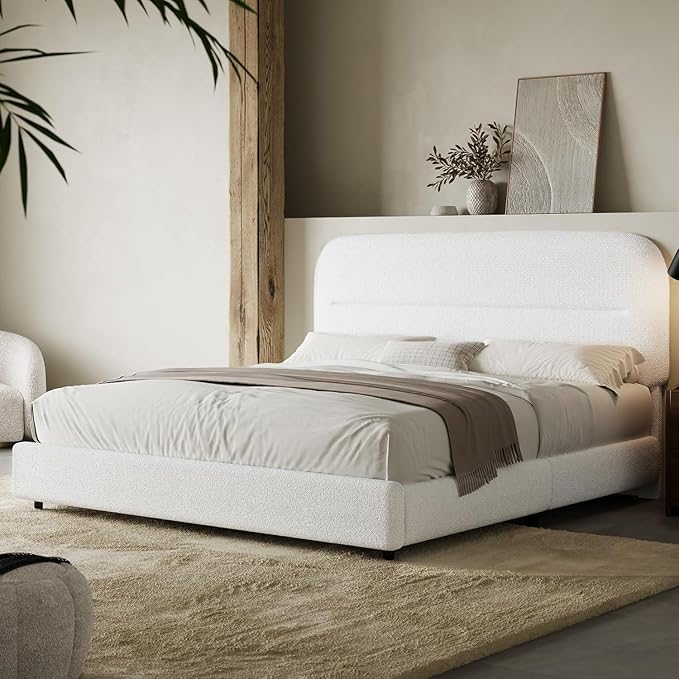 HOMBCK Full Size Bed Frame, Boucle Upholstered Bed Frame Full with Headboard and Thickened Footboard, Rounded Corners, No Box Spring Needed, Easy Assembly, White