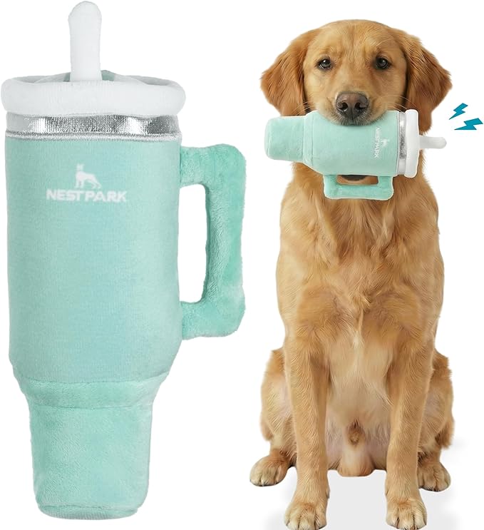 Nestpark Tumbler Cup Funny Dog Toy - Parody Plush Squeaky Crinkle Dog Toy (Seafoam Green)